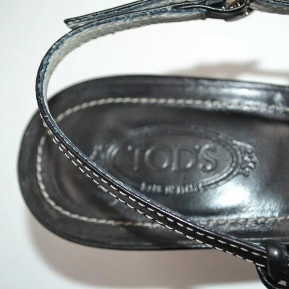 TOD'S Black Structured Minimalist Silver Metal Leather Slingback Kitten Heels 9 - Picture 10 of 15